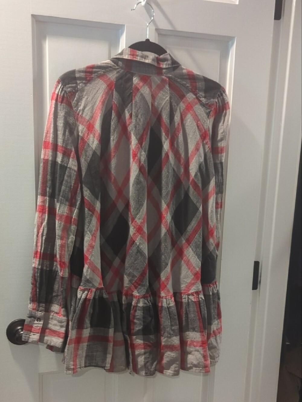 Free People Woman's Tunic Plaid Button-Down Shirt in Red and Gray - Picture 2 of 3